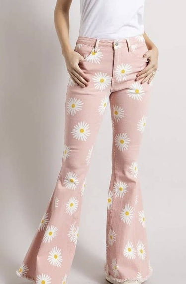 BOHO DAISY PRINT BELL BOTTOM JEANS